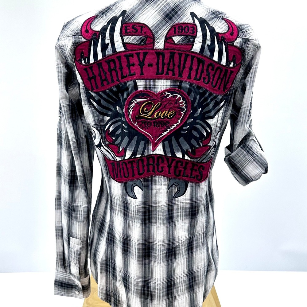 Harley Davidson Womens Plaid Snap Front Shirt Love To Ride Embroidered Wings M - Picture 2 of 7